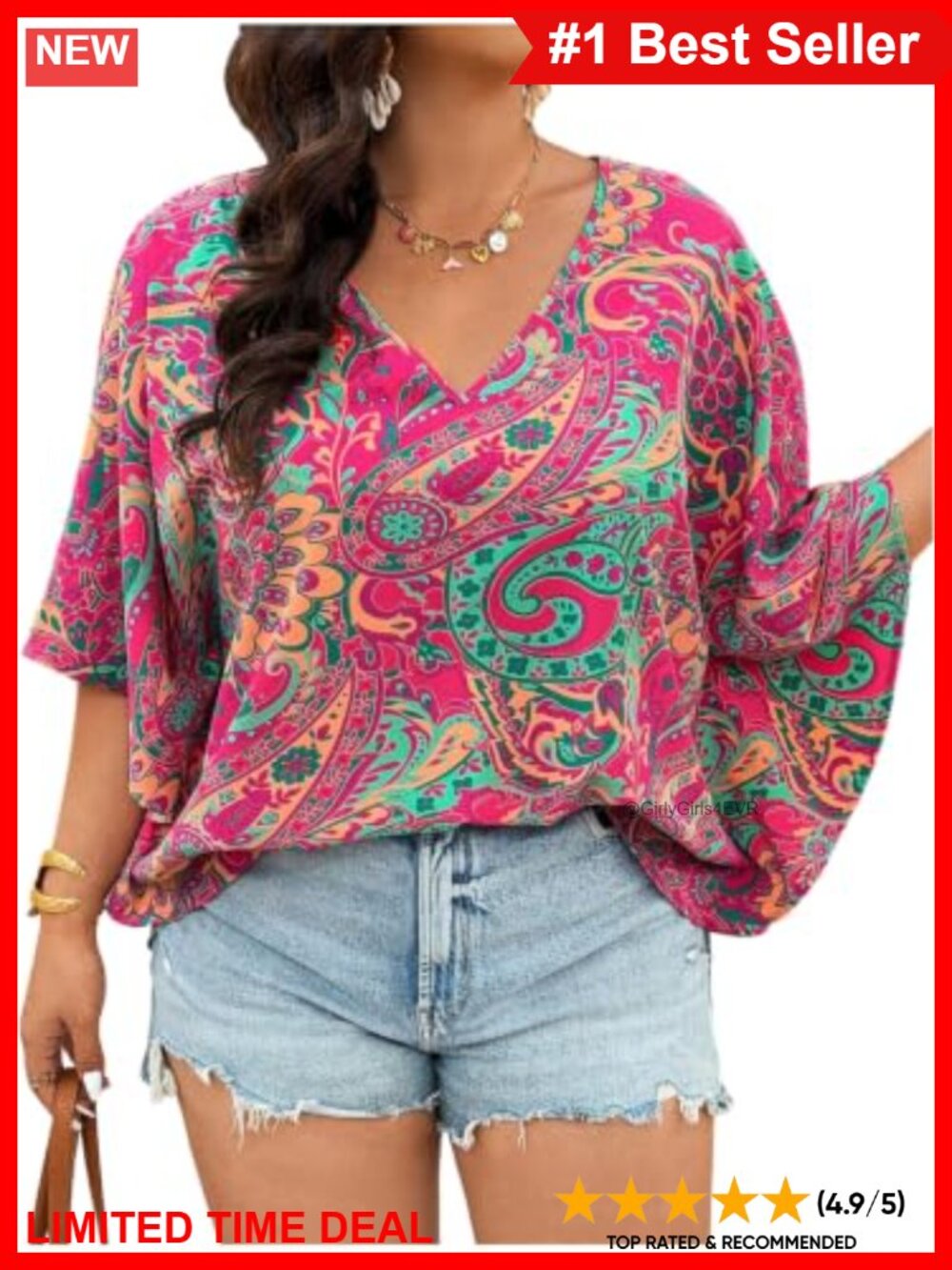Boho Paisley Blouse 3/4 Sleeve V-Neck Womens Top